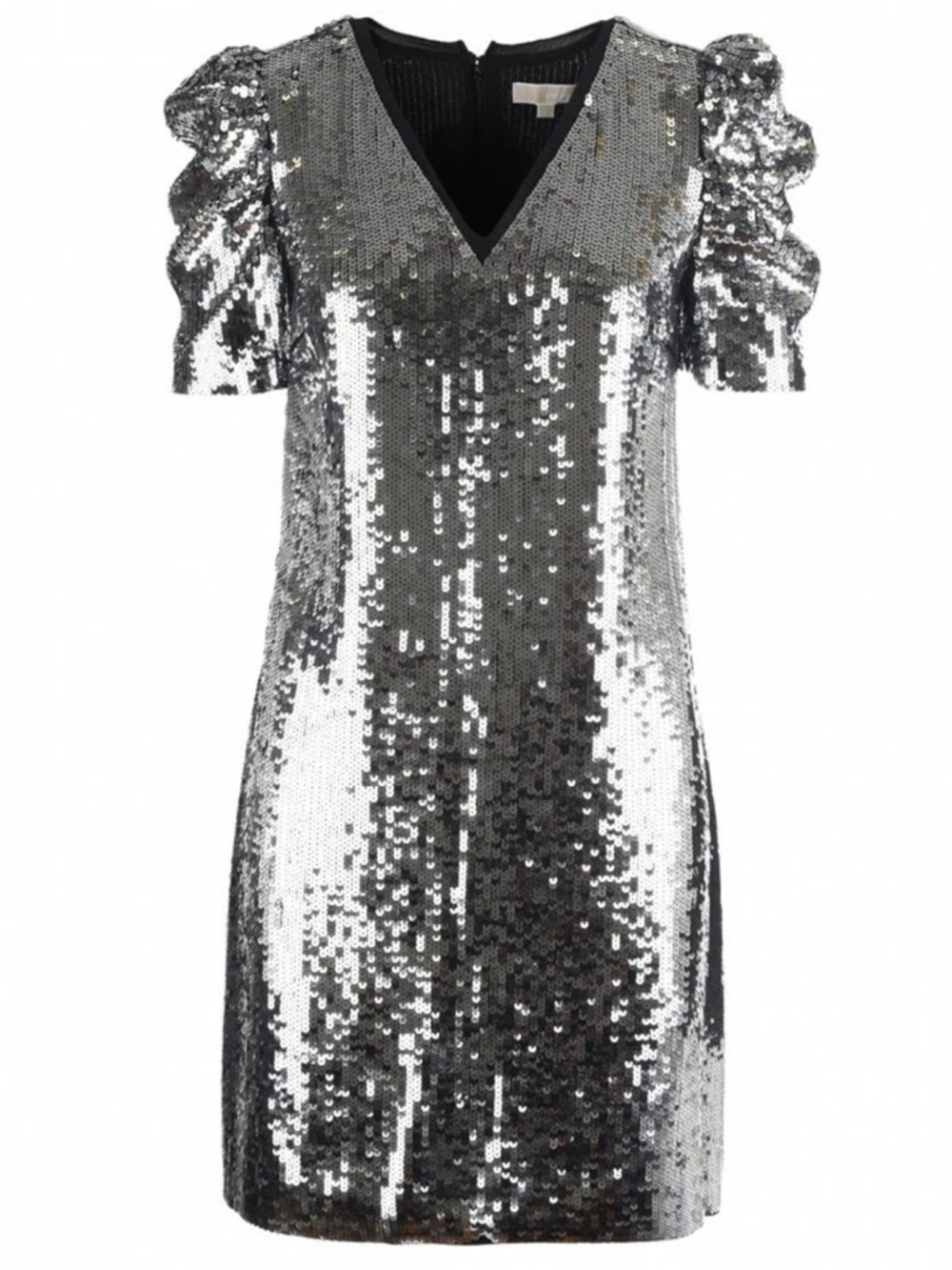 MICHAEL KORS Silver Sequin V-Neck Puff Sleeve Dress Size M - Picture 2 of 10